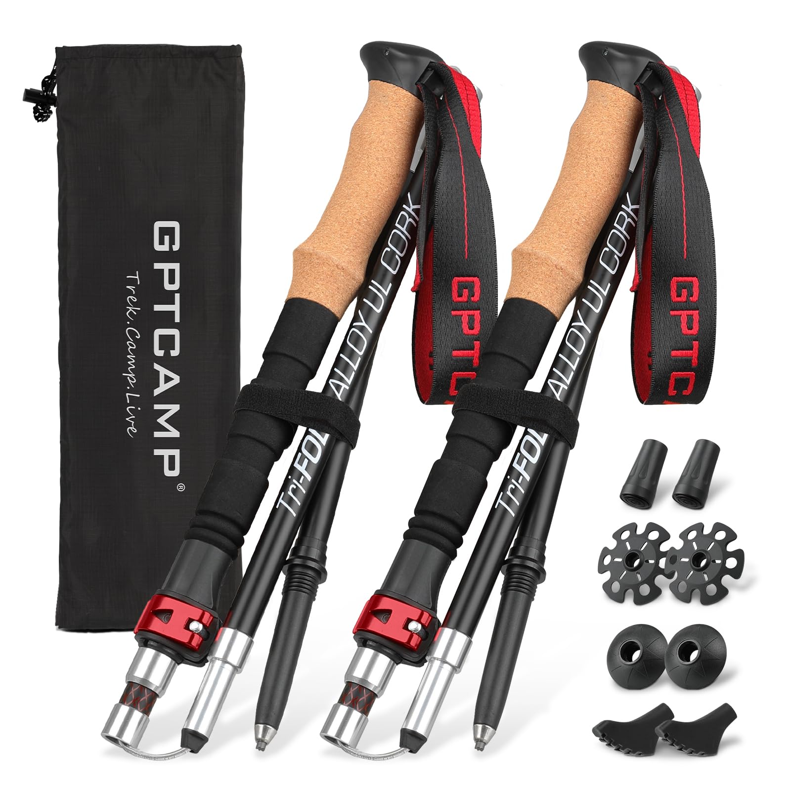 GPTCAMP Nordic Walking Stick, TPZ-1, 2pc Folding Collapsible Hiking Poles with Metal Quick Lock, Cork Handle, Lightweight 7075 Aluminum Trekking Poles for Seniors Women Men Hiking Gear