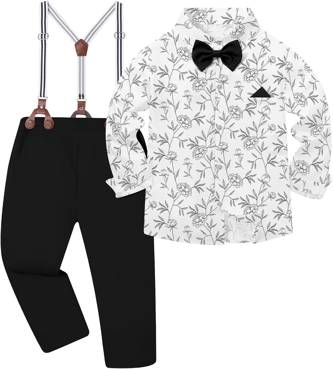 DISAUR Boys Dress Clothes Wedding Ring Bearer Outfit Boy Formal Suits Dress Shirt with Bow Tie +Suspender Pants Set