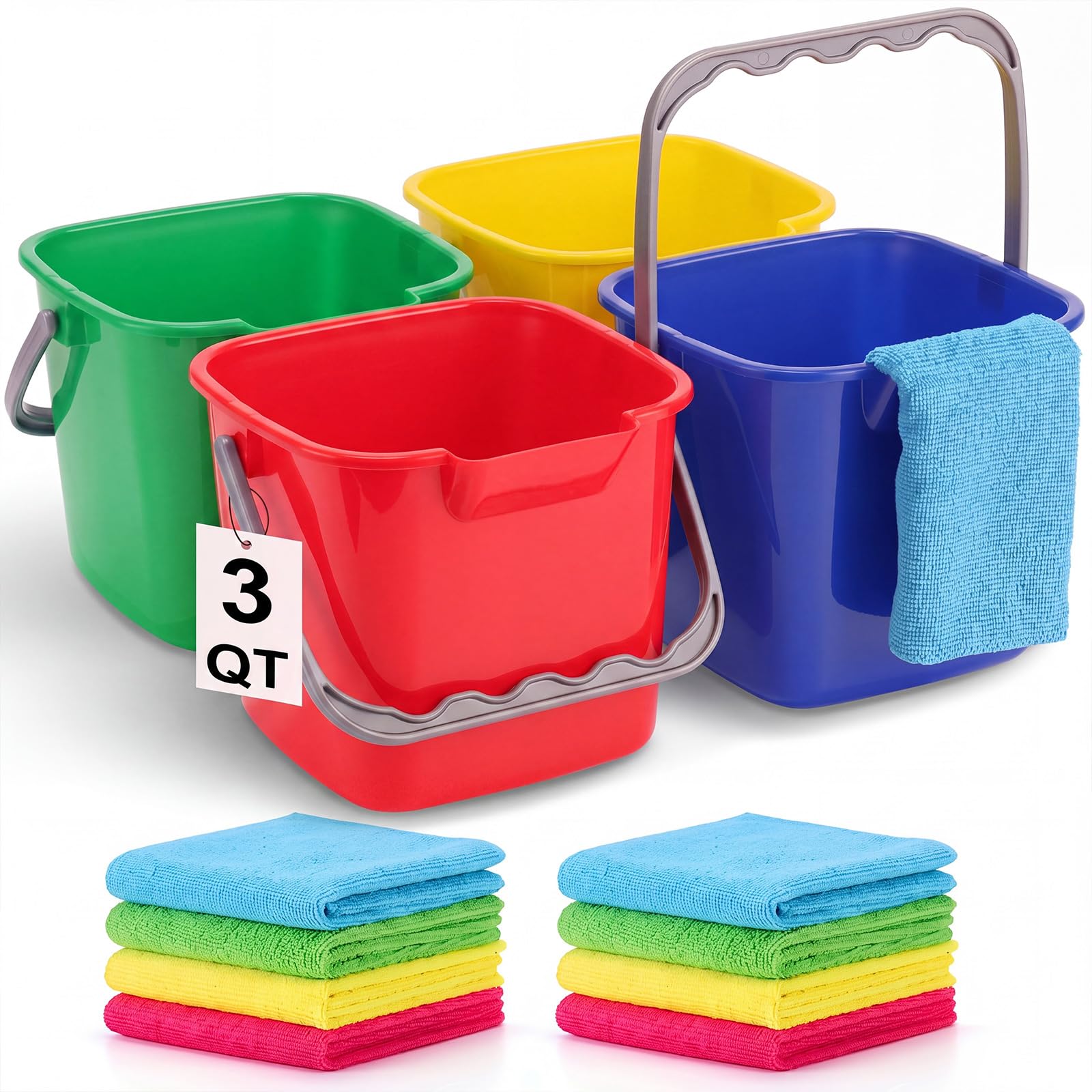 4 Pcs 3 Qt Square Sanitizing Cleaning Colorful Bucket with Cleaning Cloths