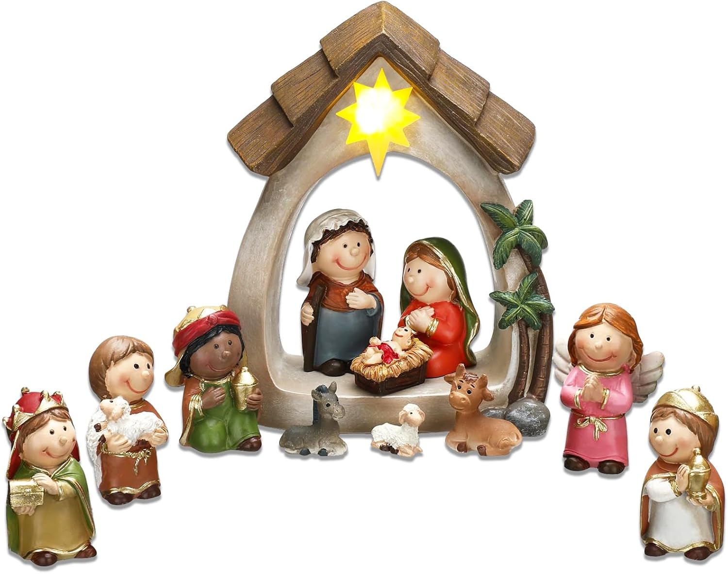 Nativity Set & Figures, 12 Pieces Small Christmas Nativity Scene with LED Light Resin Lighted Tabletop Nativity Indoor Decor Includes 1 Manger and 11 Figurine (Mini Figure)