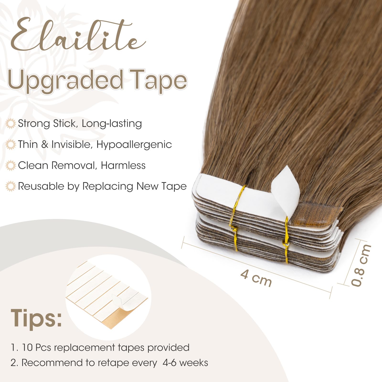 Elailite Tape in Hair Extensions Real Human Hair #6 Light Brown Skin Weft Remy Hair Extensions Straight Long 20 Pcs 24 Inch 50g - Image 3