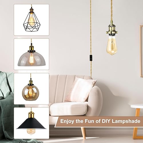 Miniatura 7 de PATIKIL Kit de cable de luz colgante de 15.4 pies, enchufe E26 con interruptor, cuerda trenzada industrial vintage para lámpara de granja,