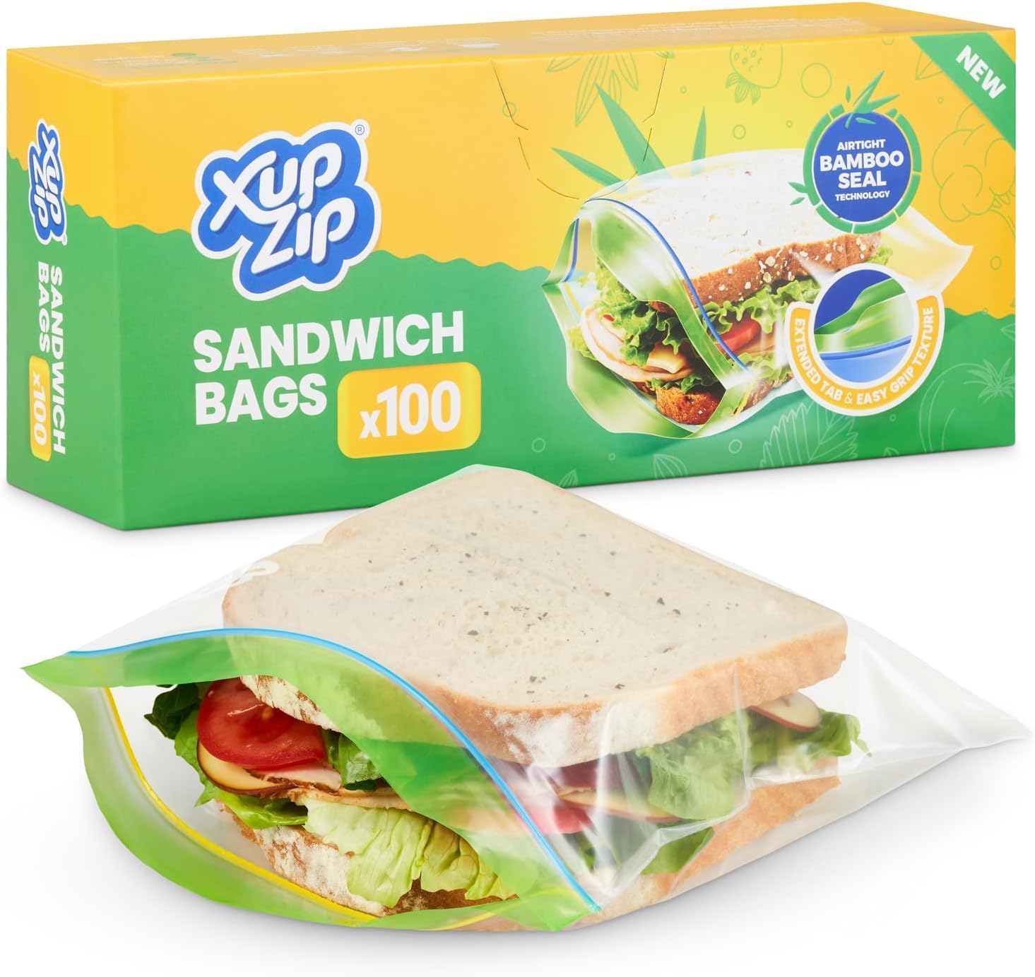 Xupzip Clear Bag, Green Zip Reusable Sandwich Bags – 19Cm X 17Cm Small Zip Lock Bag With Airtight Bamboo Seals – Easy To Open Food Freezer Bags – Heavy Duty Food Bag For Sandwiches & Snacks – 100 Pcs