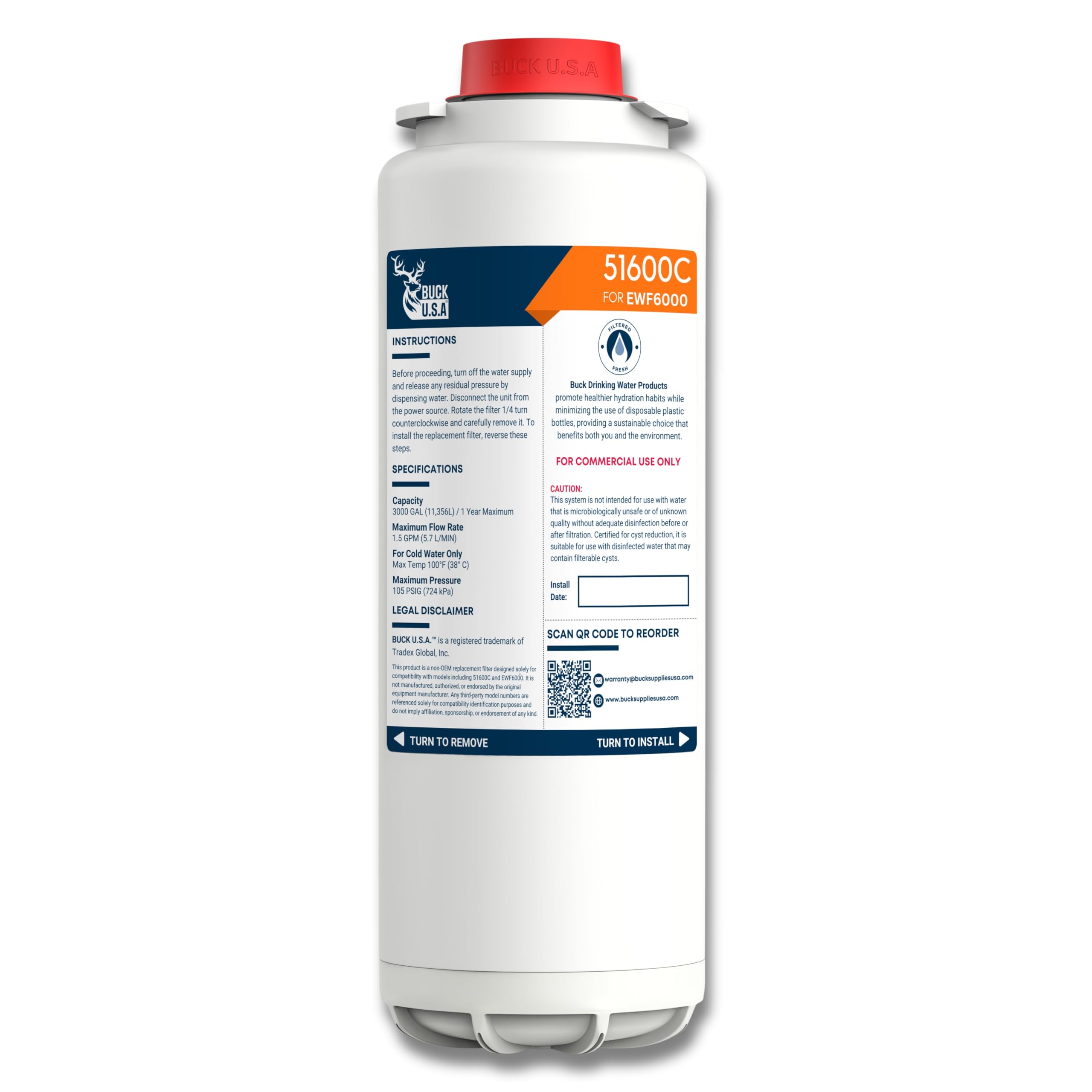 Buck 51600C Replacement Filter - Compatible with EWF6000 Bottle Filling Stations, NSF/ANSI Certified, Removes Lead & Microplastics, 6000 Gallons/12