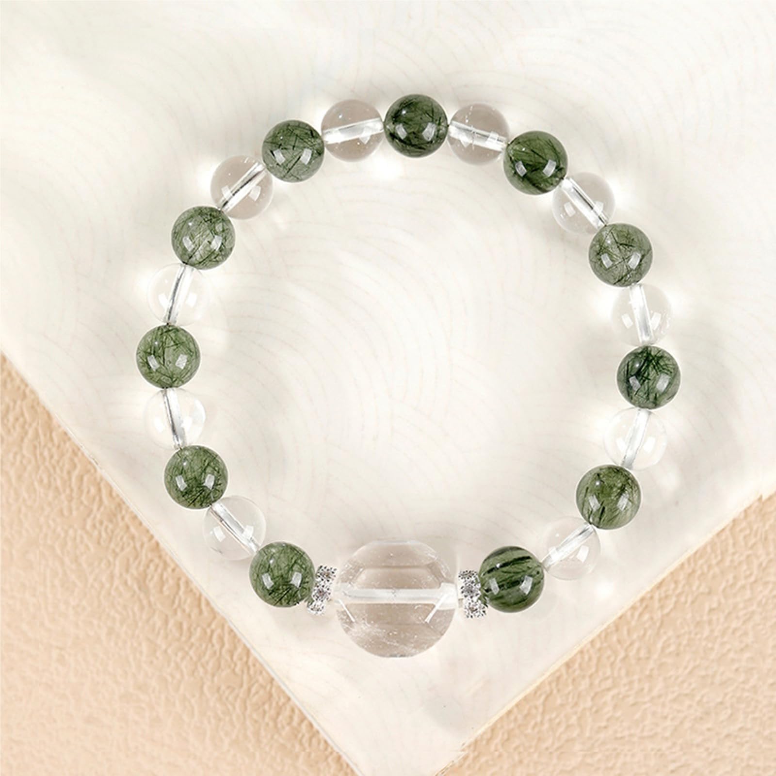 Braccialetto elastico in quarzo naturale trasparente e quarzo rutilato verde, per uomini e donne, Feng Shui ricchezza perline di cristallo elastico per prosperità e buona fortuna
