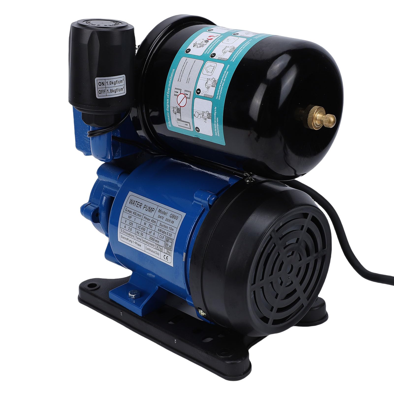 Ausla Pompa Booster Autoadescante con Serbatoio a Pressione, Pompa a Getto per Pozzi Poco Profondi da 1 per Aumento della Pressione dell'Acqua e Irrigazione del Prato 40 L/min (Spina europea 220 V)