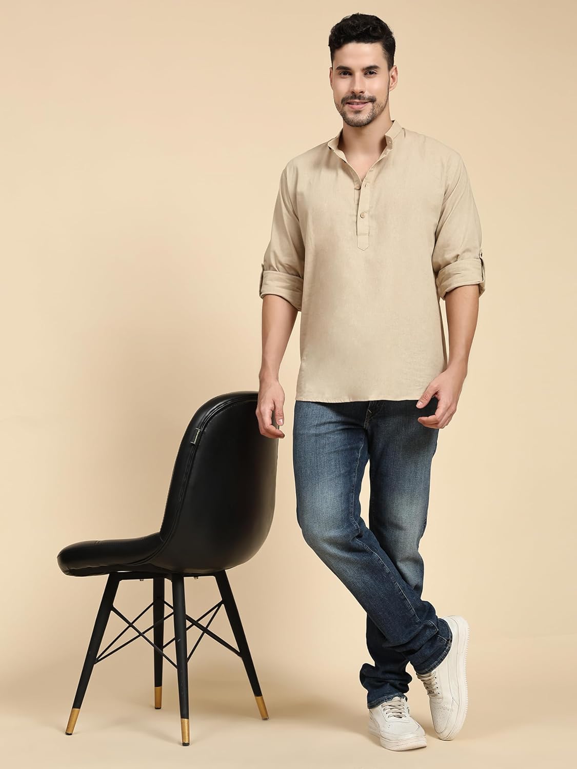 SKAVIJ Men’s Cotton Linen Kurta Shirt – Long Sleeve Henley with Mandarin Collar Roll-Up Sleeves Casual Ethnic Tunic Top - Image 3