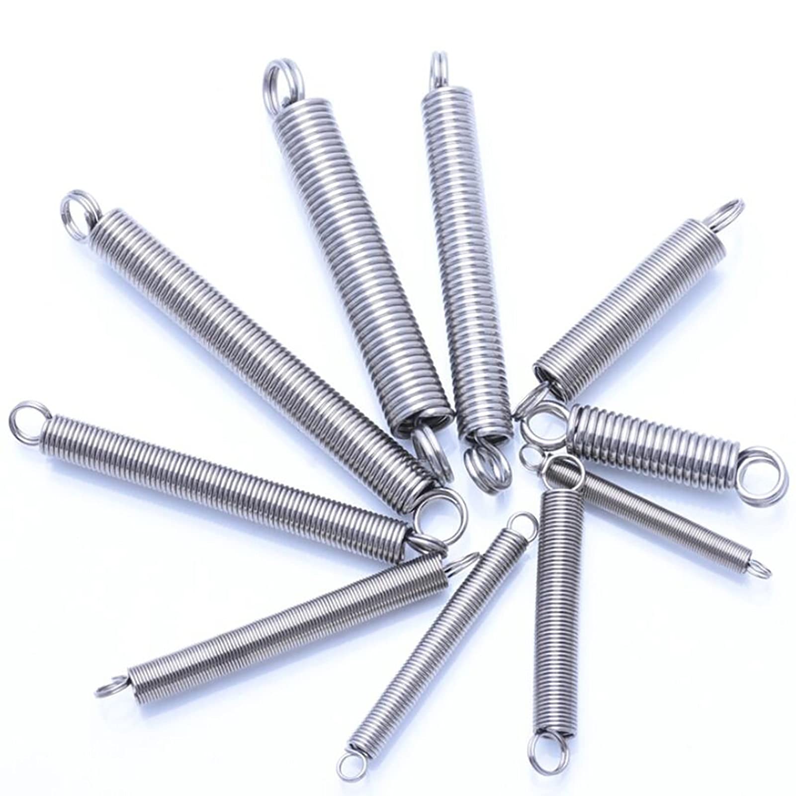Resorte de extensión, tensión de expansión de acero inoxidable 304 resorte de gancho doble 5 piezas diámetro del alambre 0,5 mm, diámetro exterior 4 mm, longitud 15-120 mm expansión del gancho (80 mm)