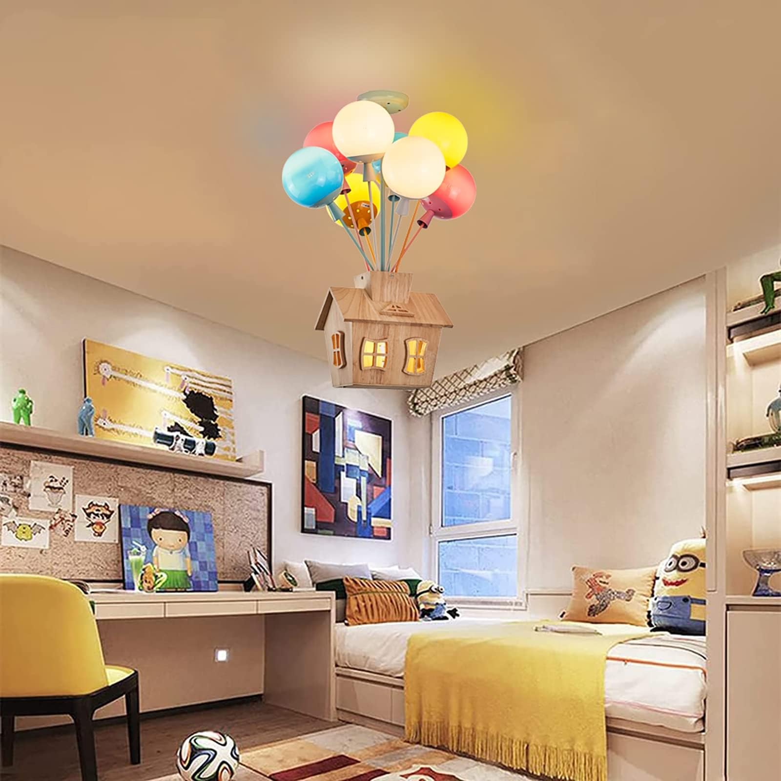 Plafoniera for cameretta dei bambini con telecomando, lampada a sospensione for bambini in legno a LED, lampada a palloncino in vetro rotonda, lampada a sospensione moderna a forma di cartone animato