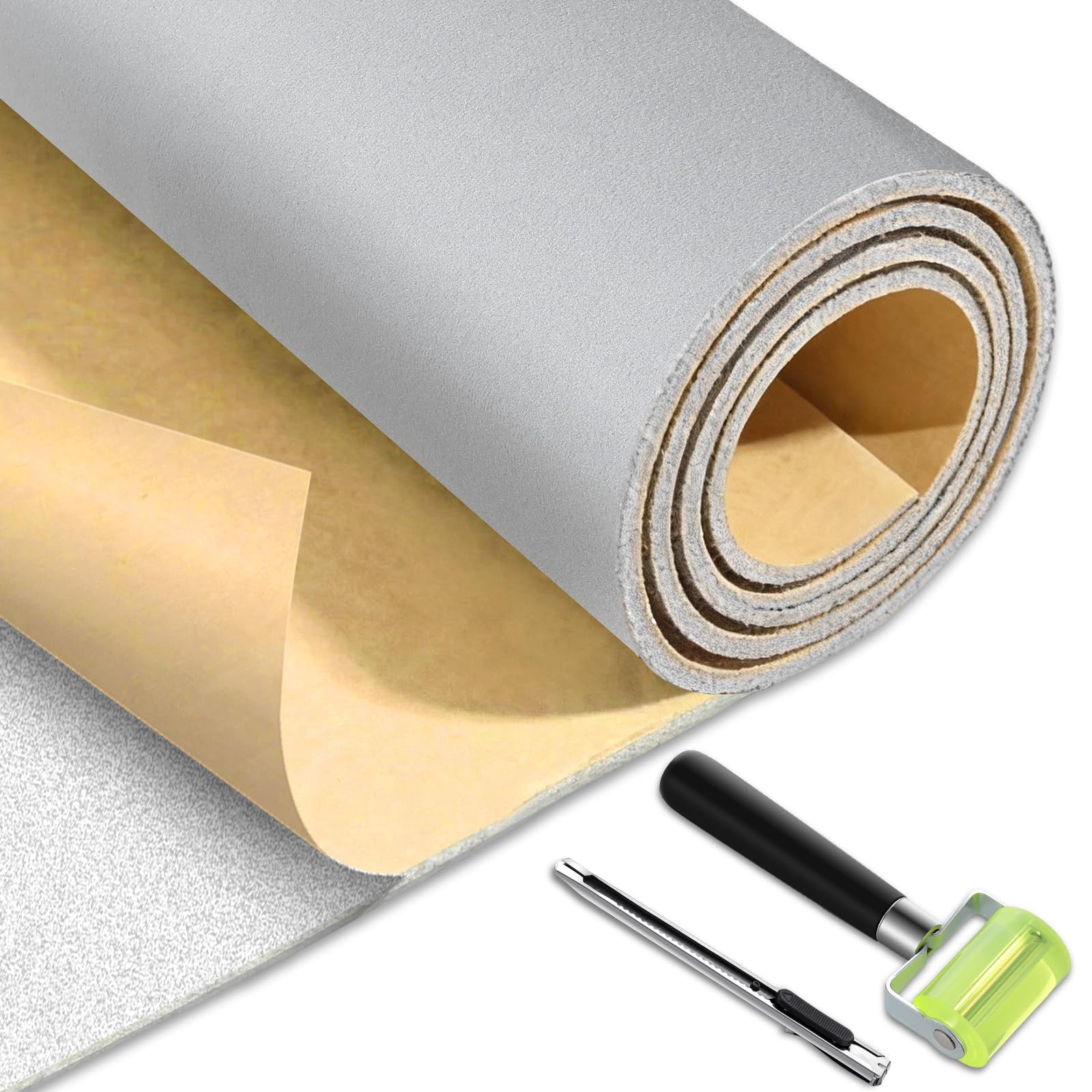 Tegeme Self-Adhesive Automotive Headliner Fabric 36 x 60 Inch Velvet Headliner Replacement with Foam Backing Roof Replacement Material with Roller and Knife for Car Truck SUV RV Roof DIY(Light Gray)