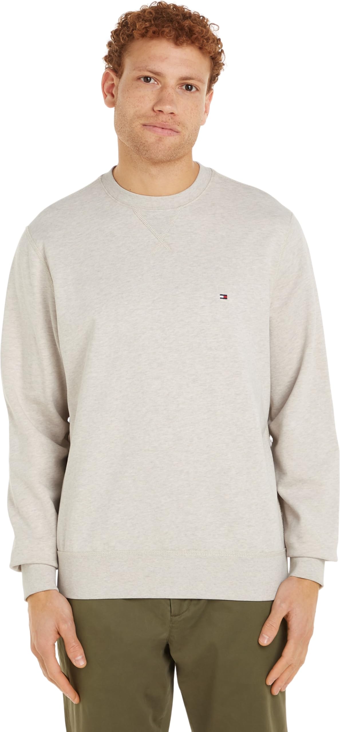 Tommy Hilfiger Men's Essential Terry Crewneck MW0MW37237 Pullover Sweatshirt, BEIGE (Heathered Oatmilk), L