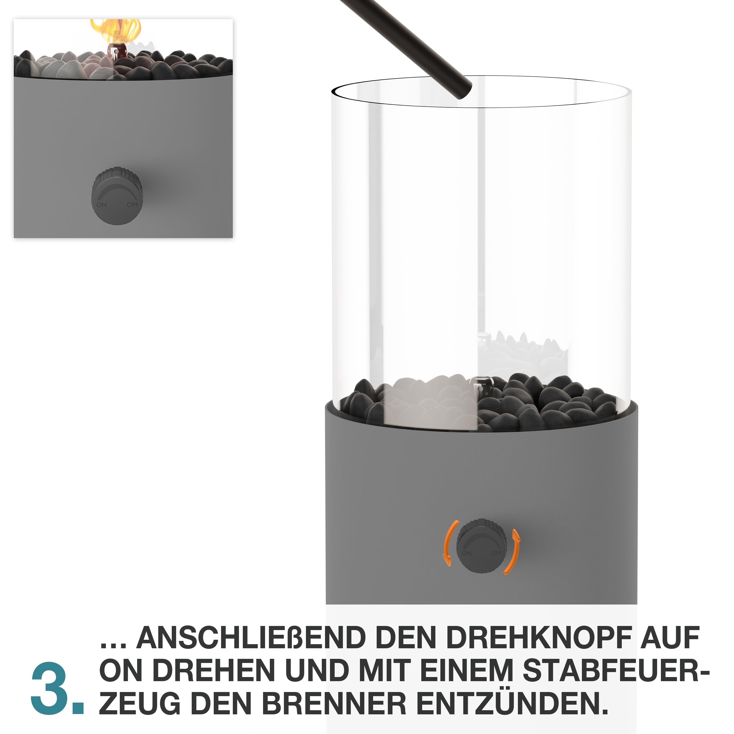 TOM Innovation XXL Gas Tischkamin - 12h Brenndauer für Indoor & Outdoor – Tisch Kamin Set – Tischfeuer mit Deko-Steinen – Plus 3X 190 g Stechgaskartusche
