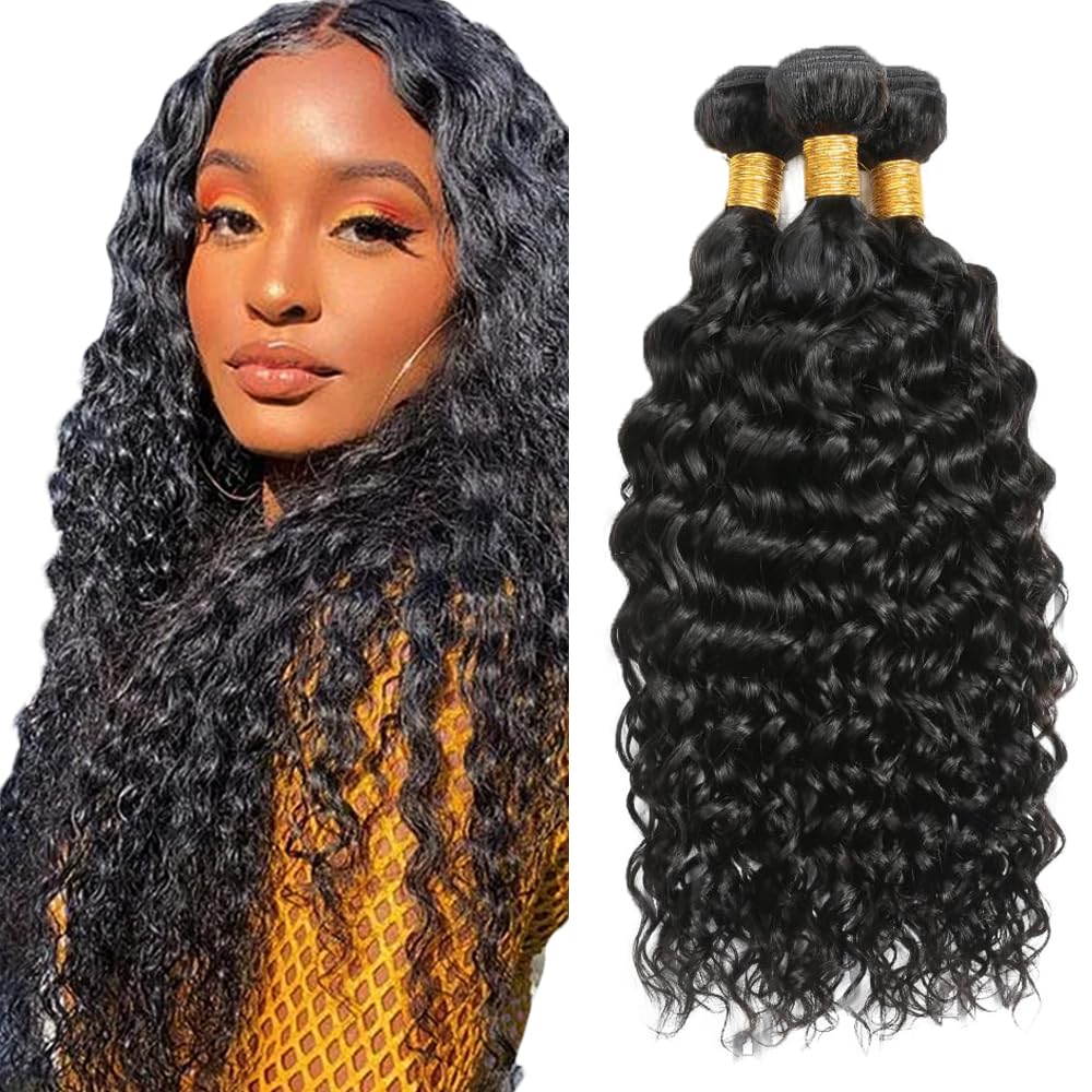 #1B Human Hair Bundles Water Wave Bundles 12 14 16 Inch Natural Color Water Wave Bundles Human Hair Extensions Double Weft Unprocessed Brazilian Virgin Hair 3 Bundles 50 Grams Per Bundle
