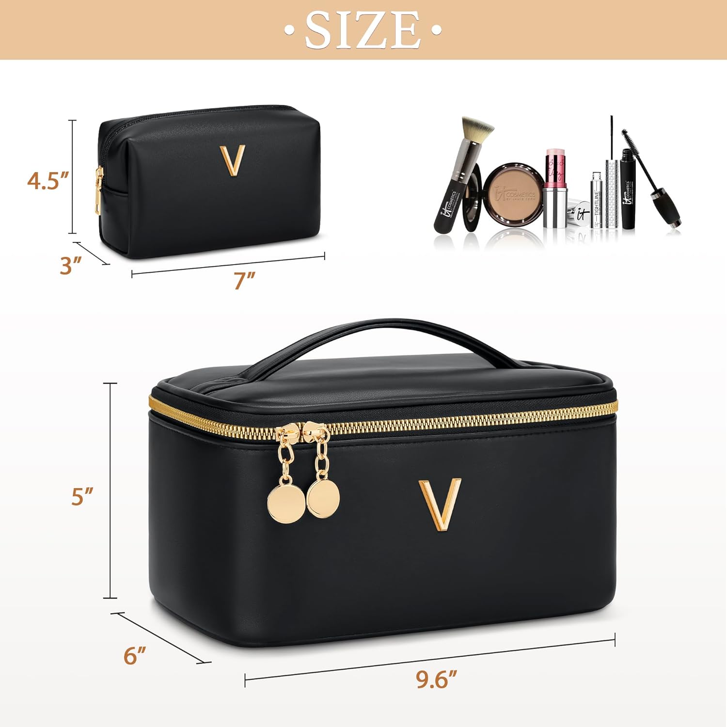 Personalized Initial Makeup Bag Gifts for Women, Large Travel Cosmetic Organizer with Handle & Divider, PU Leather Toiletry Bag for Girls, Birthday Bridesmaid Gift Set - Black - A