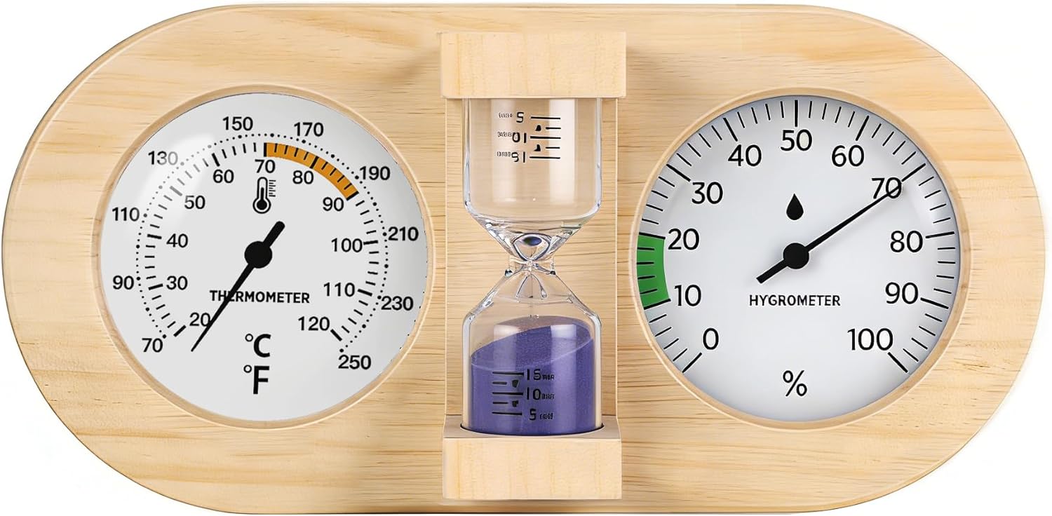 THOUSAND SUNNY Sauna Thermometer and Hygrometer, 3 in 1 Wall-Mounted Sauna Sand Timer Accessories for Sauna Room 15 Minute