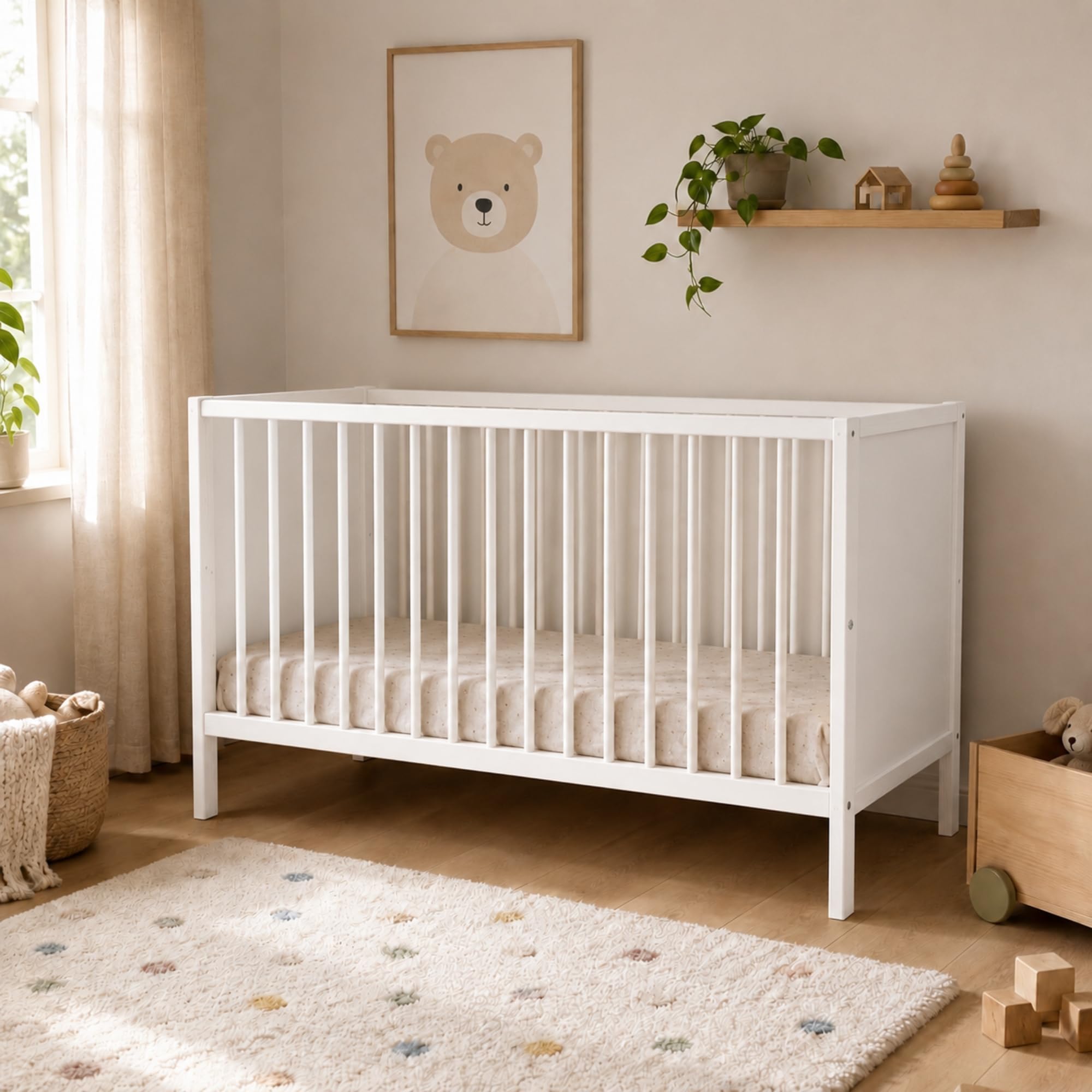 Kids Collective Babybett Kinderbett Beistellbett | Modulares Gitterbett Lattenrost 3-Fach höhenverstellbar & abnehmbare Sprossen | Baby Bett Holz Kinderzimmer | 120x60 cm | Weiß