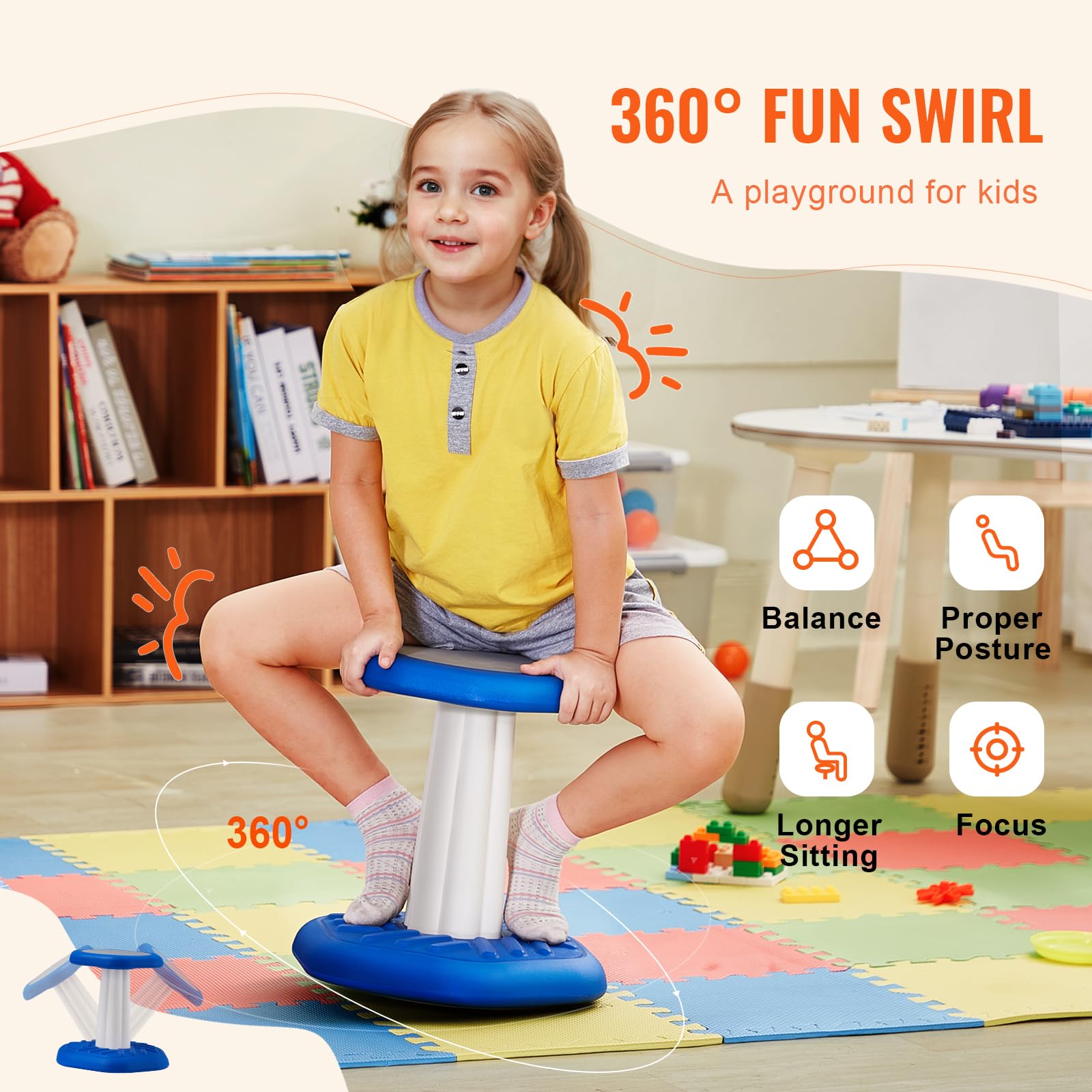 Happybuy Kids Wobble Chair, Active Sitting Stool with Sponge Cushion, Improves Focus & Posture for Children Ages 3-7, Ideal for Schools & Preschools, Blue