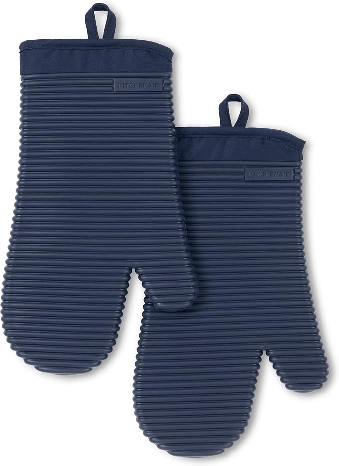 KitchenAid Ribbed Soft Silicone Oven Mitt 2-Pack Set, Ink Blue, 7.5"x13"