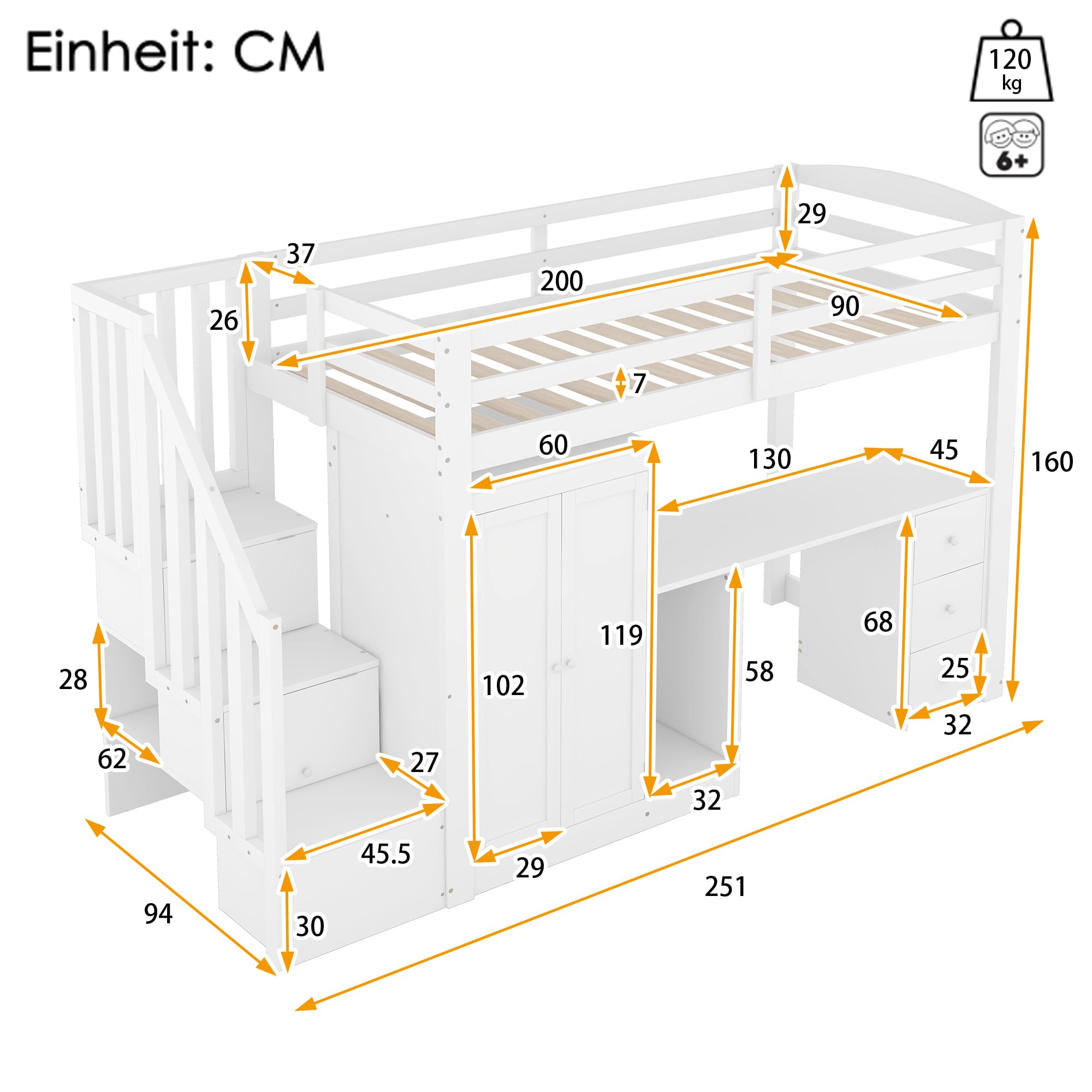 Gegtuon Kinderbett Bett 90x200 für Kinder mit Schreibtisch und Kleiderschrank, Hochbett Hausbett mit Stauraum Schubladen und Treppe, Bettgestell mit Lattenrost und Rausfallschutz, ohne Matratze, Weiß
