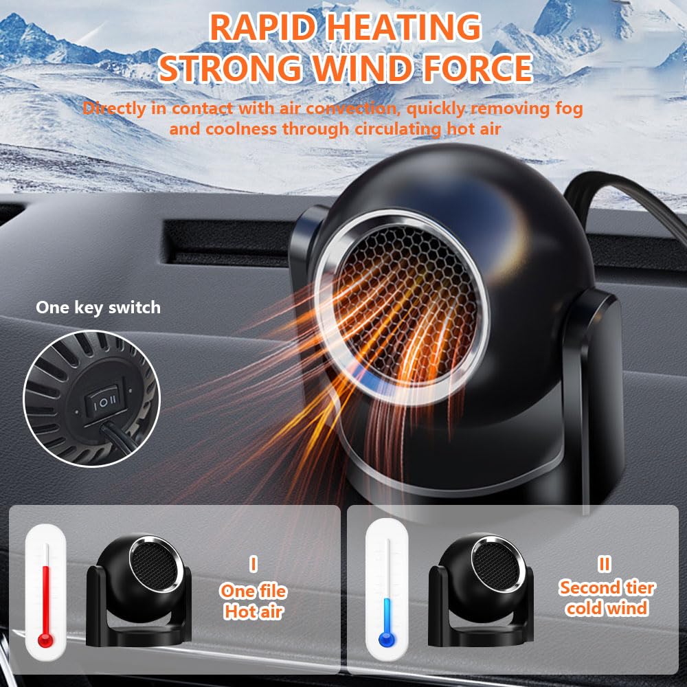 Calefactor Mechero Coche 12v, 120 W Ventilador Calefactor Coche, 2 en 1 Disponible en Frío y Calor, Giratorio 360°, Calentador Coche, Calefactor Coche Descongelador