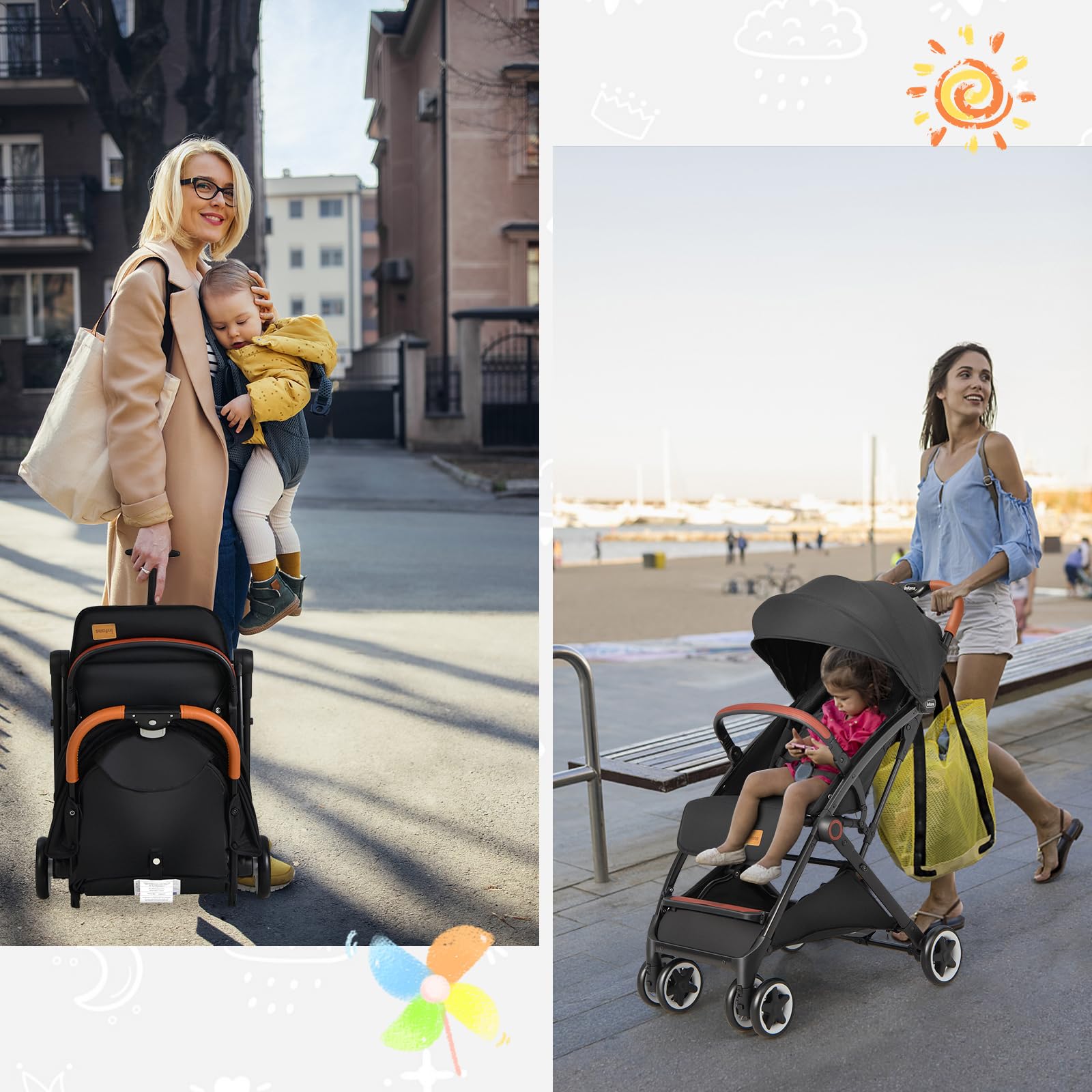 COSTWAY Poussette Canne Bébé 0-3 Ans(Charge 15 kg) avec Dossier & Auvent Réglables, Poussette Compact et Légère avec Moustiquaire & Roues avec Frein, Pliable à une Main, Rangement Inférieur(Noir)