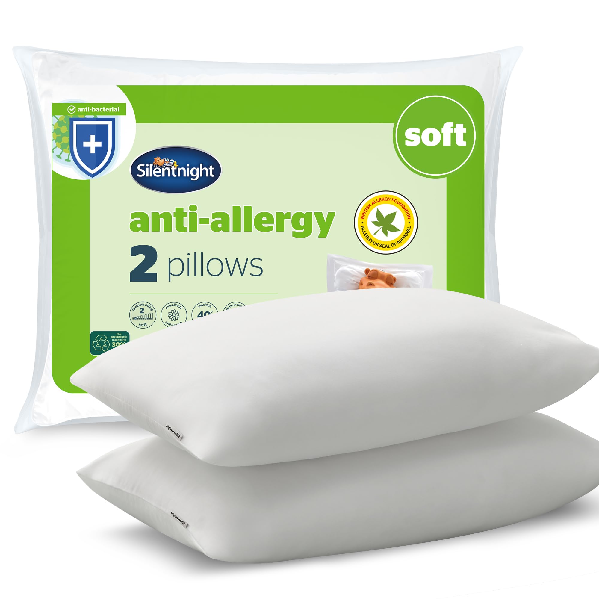 Silentnight Anti Allergy Soft Pillows 2 Pack – Soft Support Pillows with Bouncy Fibres Ideal for Front and Stomach Sleepers – Hypoallergenic and Machine Washable – Pack of 2, White