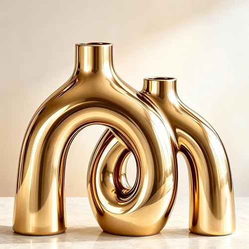 Hug Donut Decorative Vase Set - Golden Modern Classic Transitional Style Vases Home Decor, Matte Ceramic Decorations for Living Room Shelf, Bookshelf Mantle Entryway Table or Console Décor (Gold)