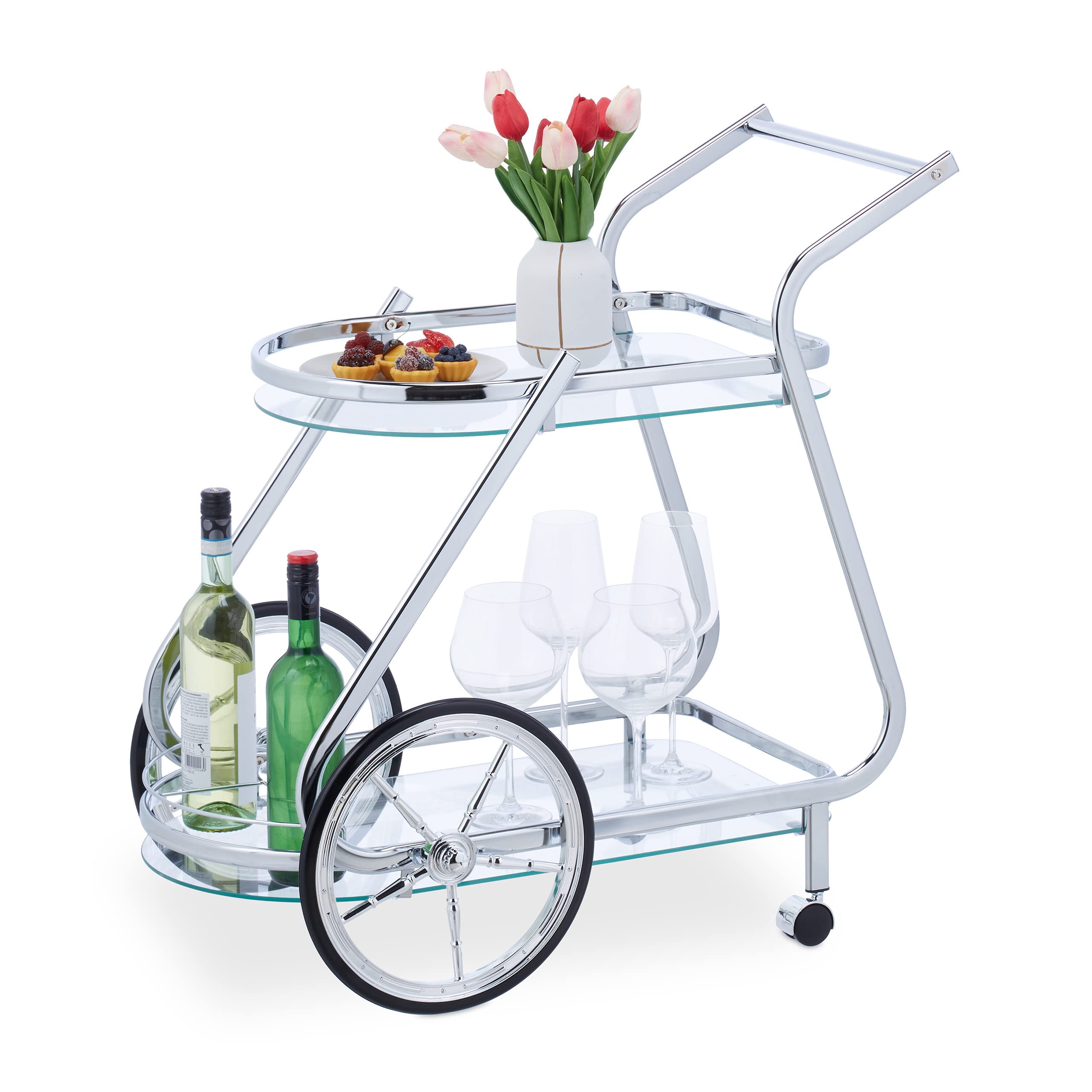 Relaxdays Wózek do serwowania, z kółkami i kółkami, 2 poziomy, szkło i chrom, (wys. x szer. x gł.): 76 x 76 x 46 cm, wózek kuchenny, przezroczysty/srebrny