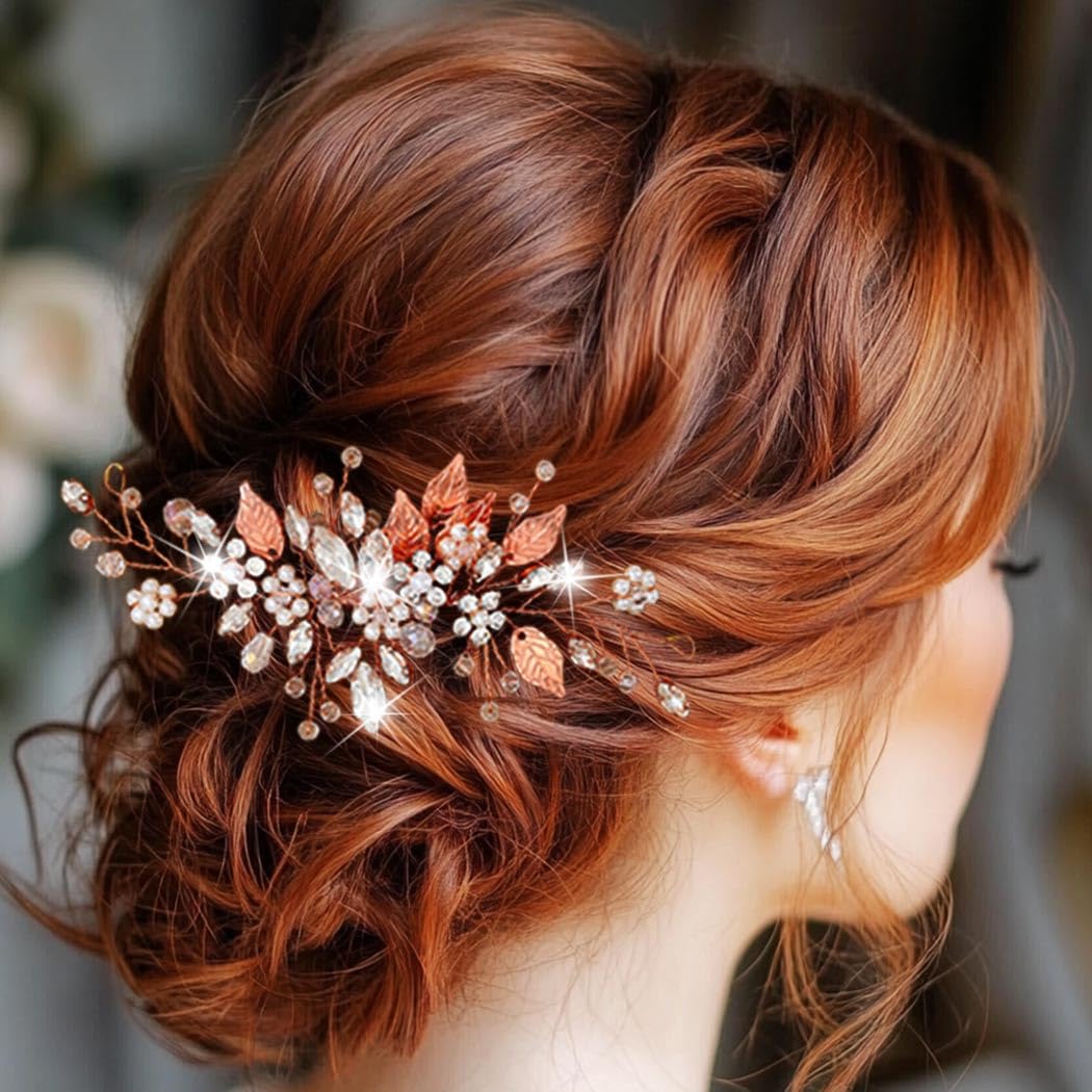 Zoestar Pettini per capelli da sposa con fiore e perle, accessorio per capelli per donne e ragazze (oro rosa)