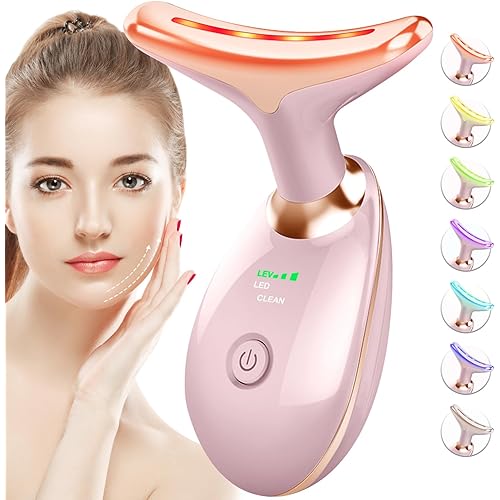 Red-Light-Therapy-for-Face-and-Neck, 7 Color Face Massager Tool for Wrinkles, Double Chin, Vibrating Facial Massager with Thermals for Skin Care, Glossy Pink