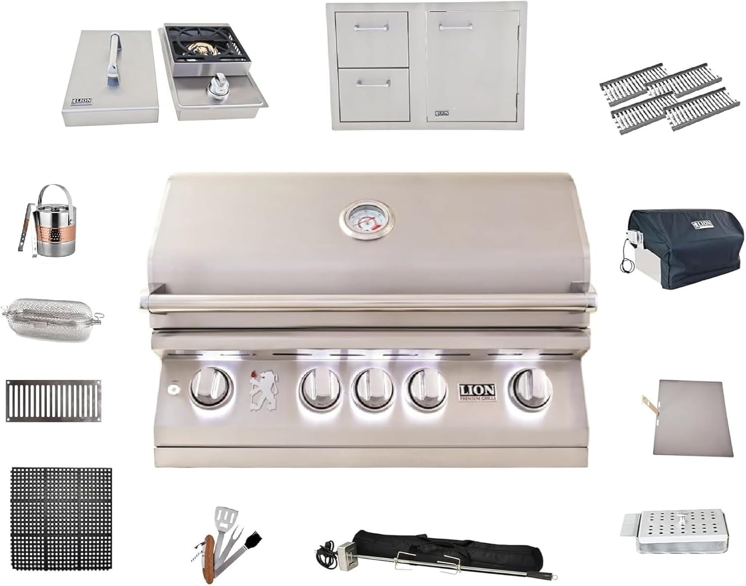 Lion Premium Grills L75000 | BBQ Gas Grill Bundle | 32 Inch Natural Gas Grill Package | Single Side Burner | Door & Two Drawers Combo | Four Ceramic tubes & more