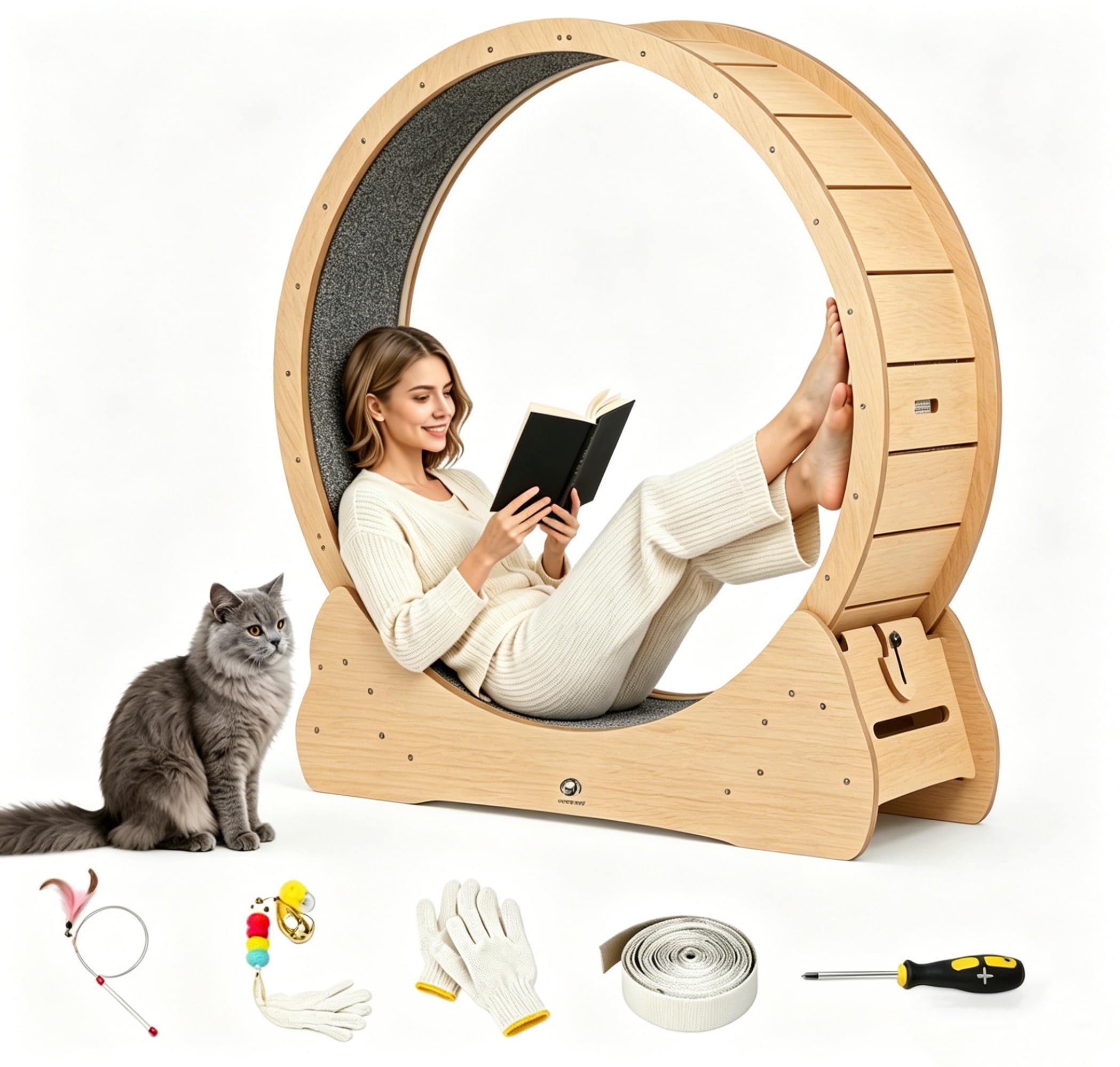 100cm Katzenlaufrad Indoor, großes Katzenrad aus Holz mit Teaser, leises Laufrad für Katzen 2-22kg, Katzen Treadmill mit Sicherheitsschloss & Rutschfester Lauffläche, für Wohnung und Haus, Gelb