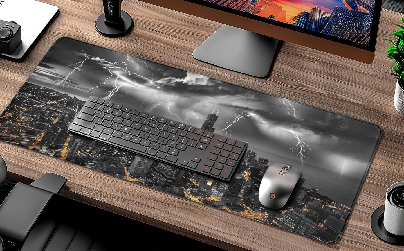 Chicago Desk Mat, Lightning Mouse Pad, Chicago Skyline Waterproof Mousepad, Black and White City Keyboard Mat, Stitched Edges and Non-Slip Base, Desk Pad for Office & Home, 31.5 X 11.8 Inch, 3mm Thick - Image 3