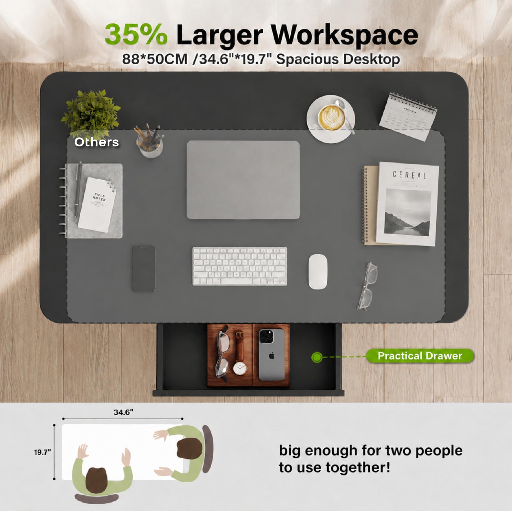 Escritorio Regulable en Altura Neumático con Ruedas, Mesa de Trabajo Ergonómica para Oficina en Casa, Soporte para Computadora Portátil, Móvil y Estable, Negro