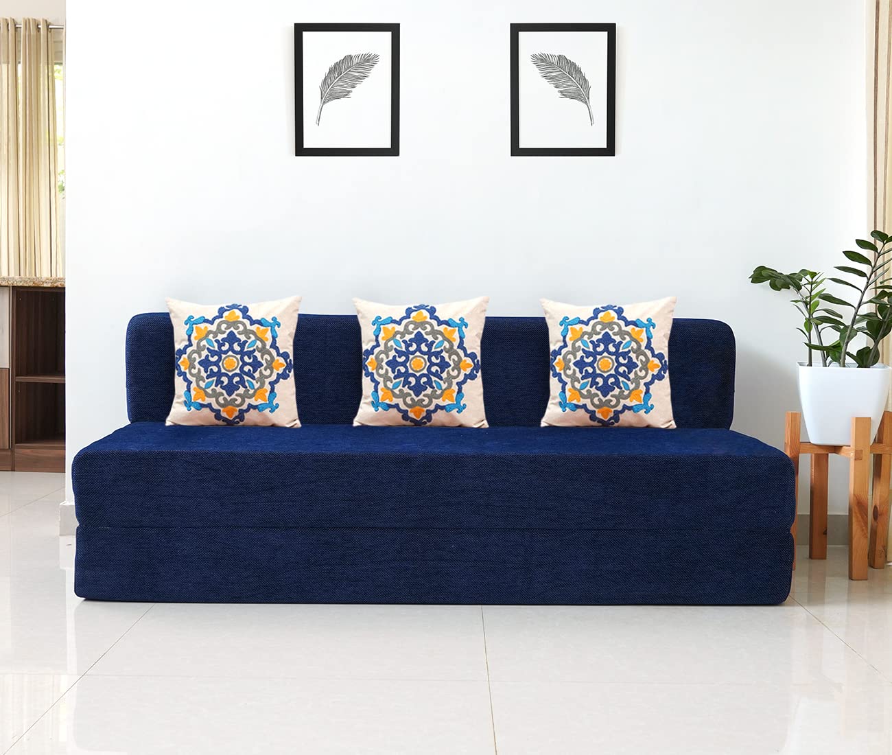 uberlyfe Jumbo Sofa Cum Bed | Chenille Fabric Washable Cover | 3 Cushions Blue Medallion Pattern | Dotted Blue | 6.5' X 6.5' Feet