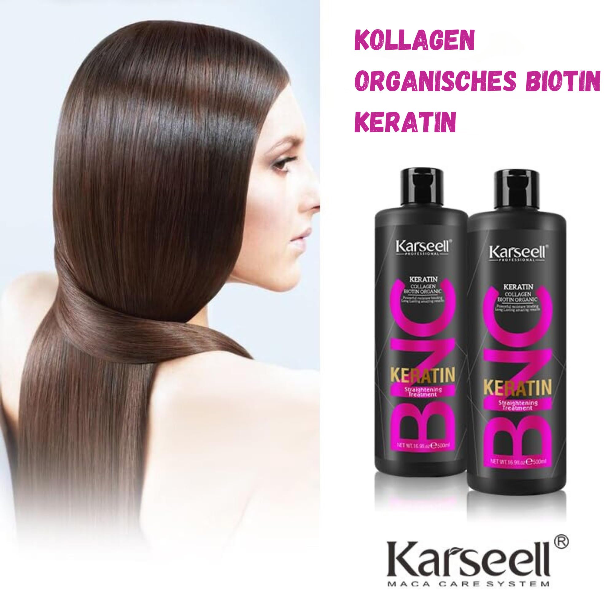 Karseell MACA CARE SYSTEM Keratin Glättung Ohne Formaldehyd Trockenes Krauses Geschädigtes Haar Kollagen Biotin Arganöl Feuchtigkeitspflege Glanz Reparatur Antifrizz Tägliche Anwendung Zuhause 500ml