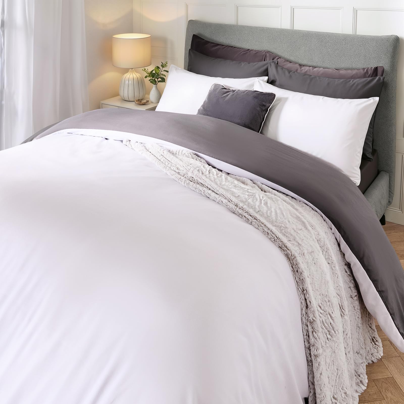 Brentfords Duvet Cover Set - Grey / White Single Duvet Cover Set, Super Soft Warm Luxurious Plain Dyed Reversible Single Quilt Cover Set Microfibre Bedding With Pillowcase, Grey/White