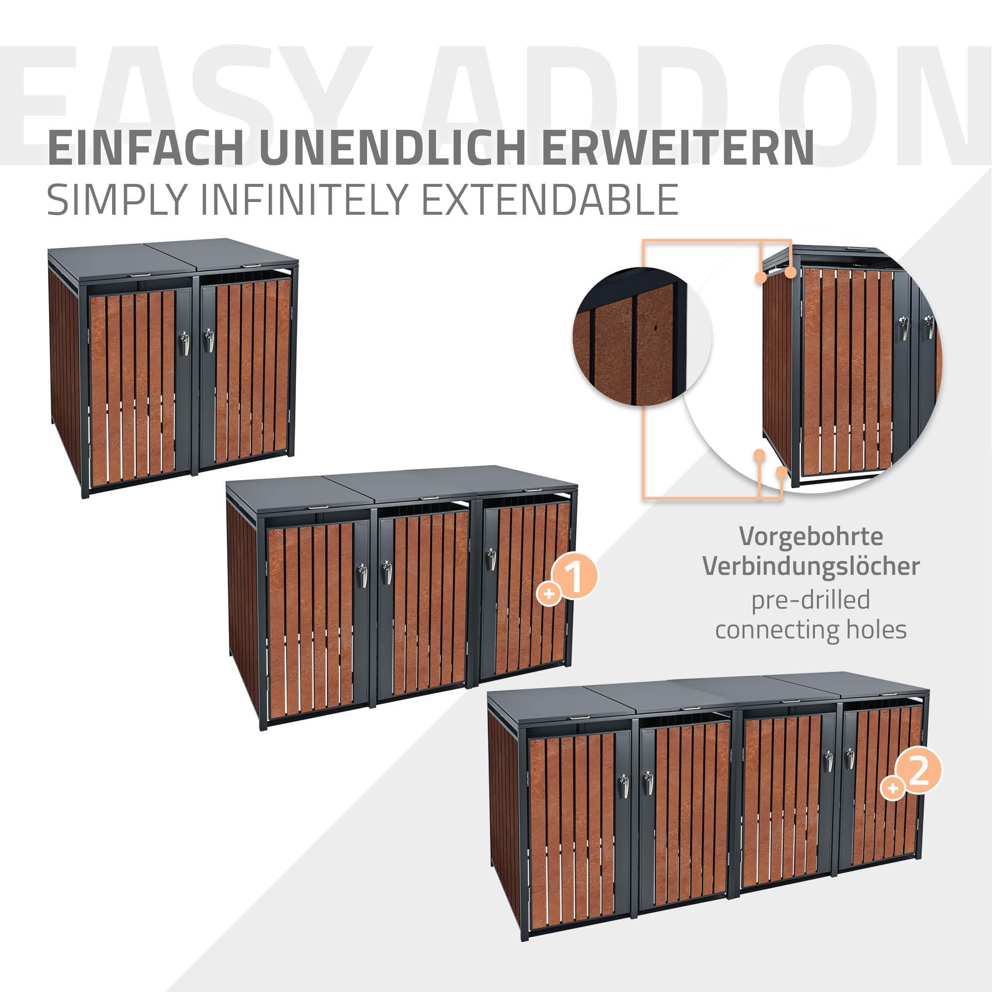 ML-Design 2x Copribidone Doppio per Rifiuti 240L 264x80x116,3 cm Antracite Effetto Ruggine in Acciaio Box per Spazzatura Copribidone 4 Porte per Pattumiera da Esterno Capanno da Giardino