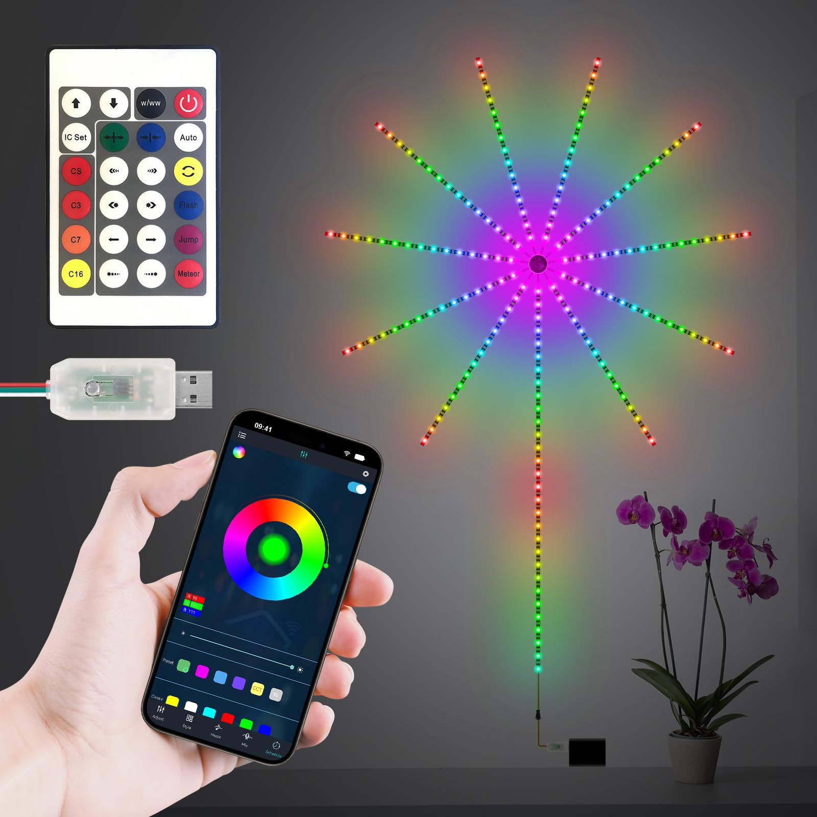 ALEENFOON Firework LED Strip Lights, RGBIC Color Changing LED Strip Lights with Remote APP Control, Battery Box, USB Music sync LED Fireworks Light for Room Christmas Bedroom Wall Party Holiday Decor