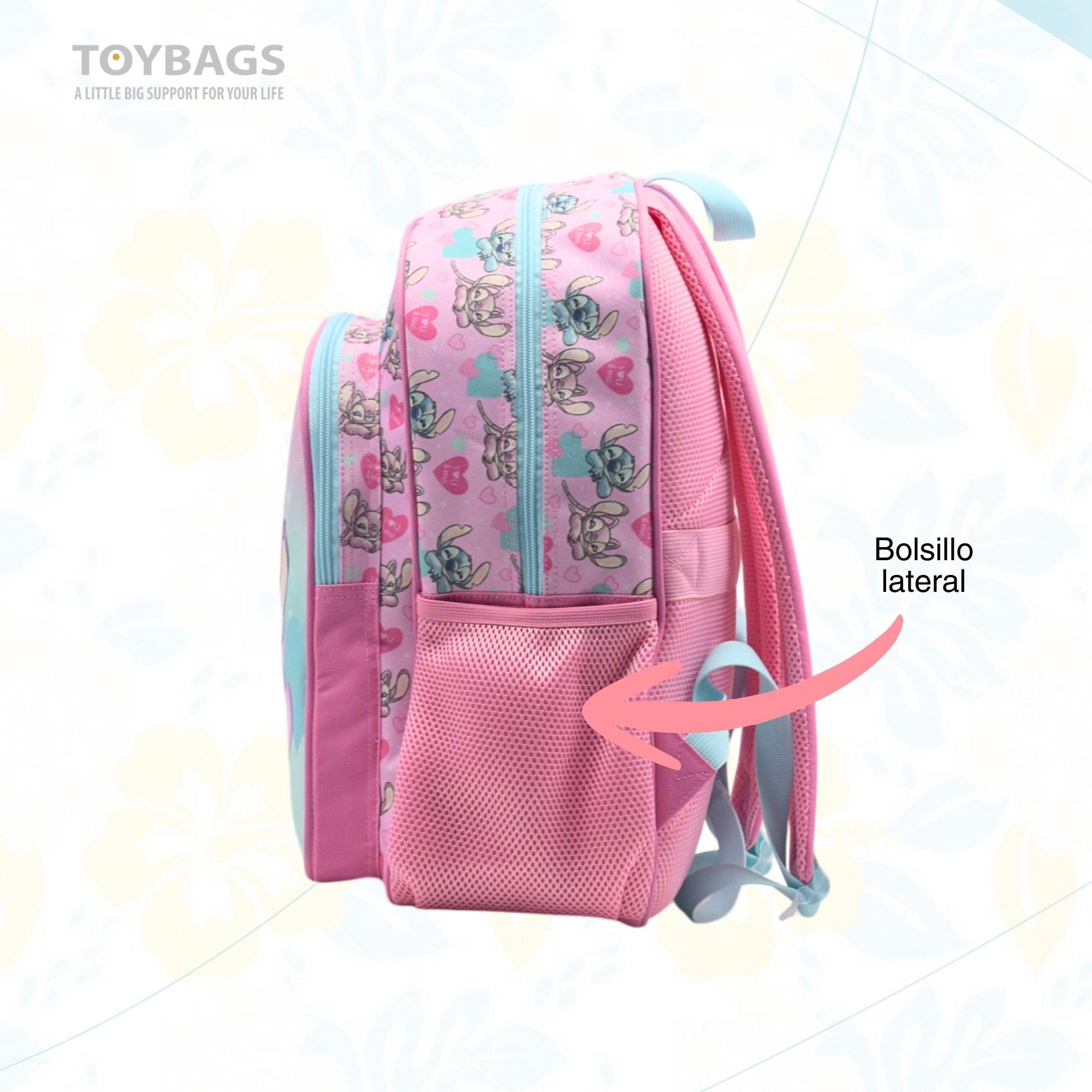 TOYBAGS Mochila Escolar Angel & Stitch - Doble Compartimento - CON ACCESORIO CORAZON - Compartimento portalaptop - Espaldera acolchada - 44.5 X 32 X 21 CM.