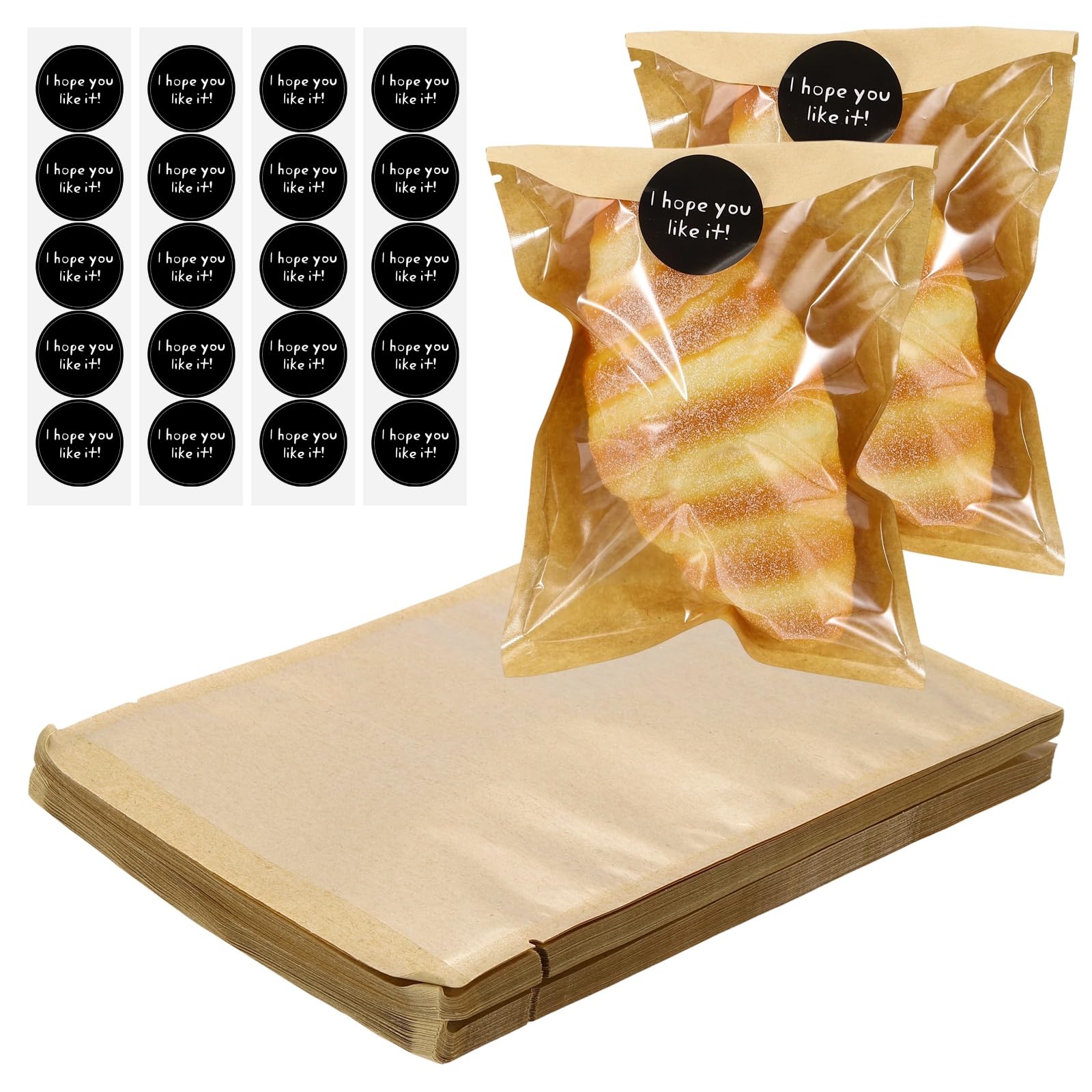 sourcing map 200 Pcs Clear Paper Cookie Bags with 240 Pcs Stickers, 5.1 x 7.5 Inch Bakery Bags with Clear Window Packing for Cookies, Candy Goodie Favors Gift Giving, Yellow