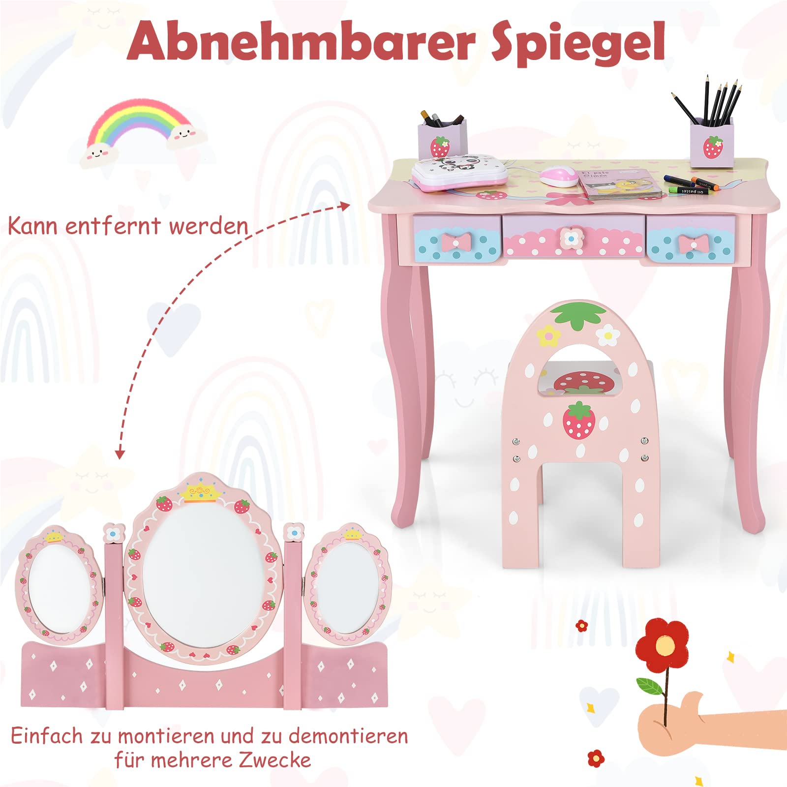 COSTWAY Kinder Schminktisch Set, Prinzessin Frisiertisch mit Klappbarem Spiegel, Schminkhocker und 3 Schubladen, Make-up Schminktisch Frisierkommode für Kinder Mädchen (Pink)