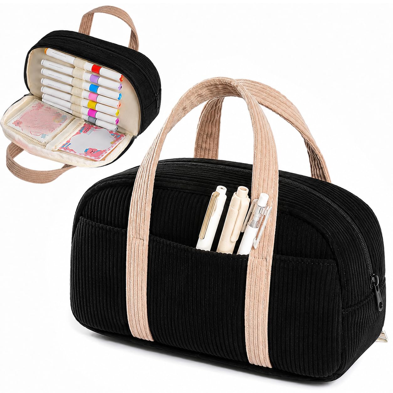 Large Capacity Pencil Case for Girls, Corduroy Pencil Cases (Black)