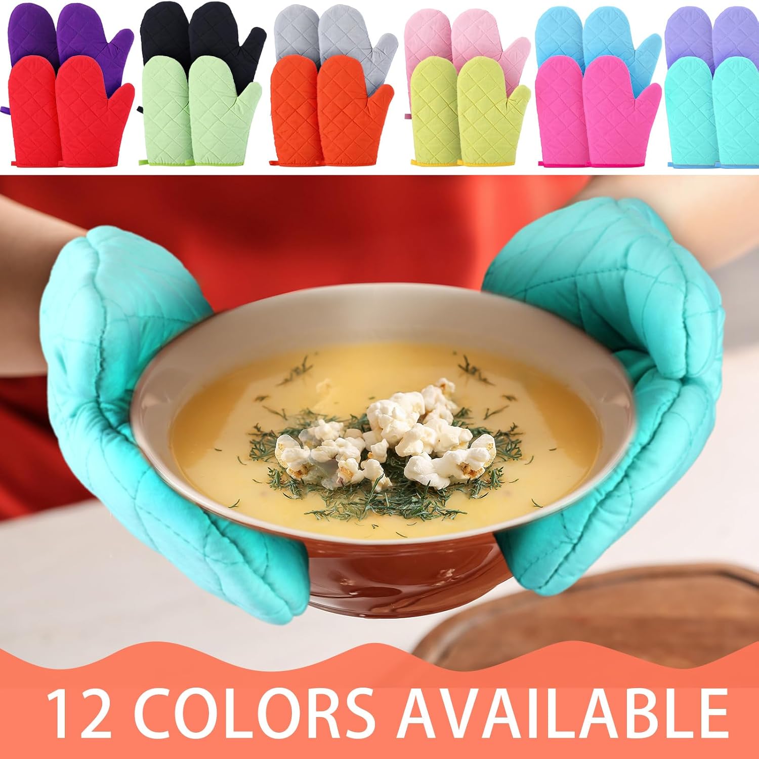 Tanlade 12 Pairs Oven Mitts, Heat Resistant Kitchen Gloves Thick Cotton Soft Quilted Lining Mittens Reliable Flexible Strong Grip Potholders Cooking Baking Glove for Kitchen Oven, 10.63 Inches