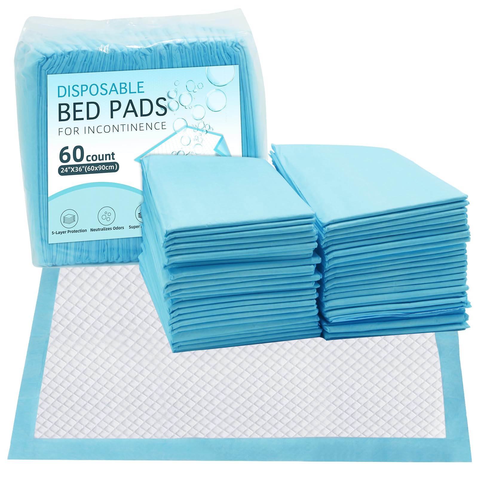 TooCust Disposable Bed Pads for Incontinence, 24"x36", 60 Count, Ultra Absorbent, 45g, White, Paper, Adult, Incontinence Underpad