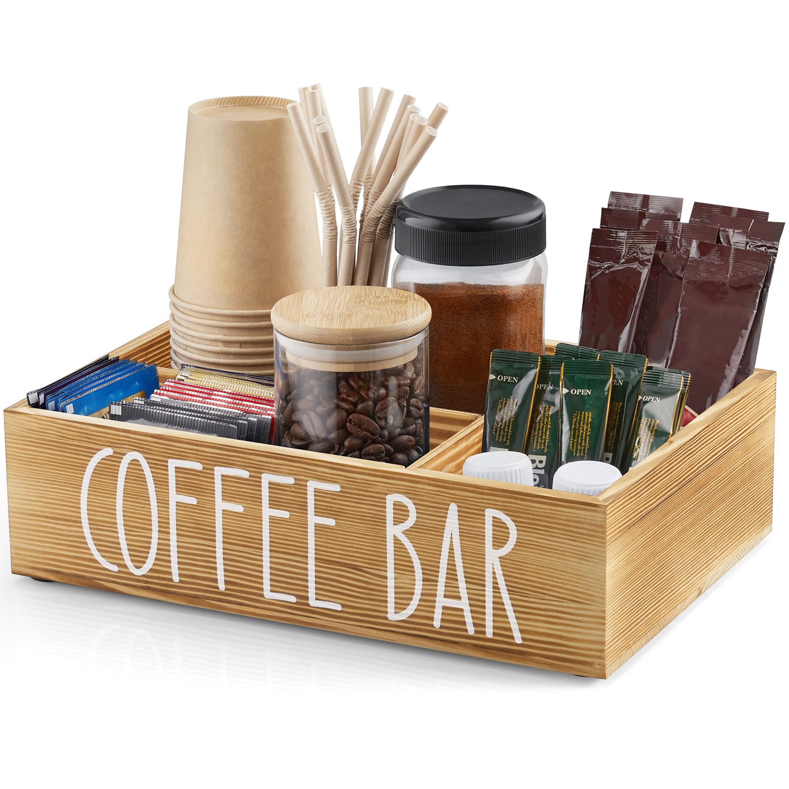 ALELION Brown Coffee Station Organizer - Wood Coffee Bar Accessories Organizer with Removable Dividers for Pods Condiment Syrup Tea Cups Stirrers - for Farmhouse Coutertop Decor