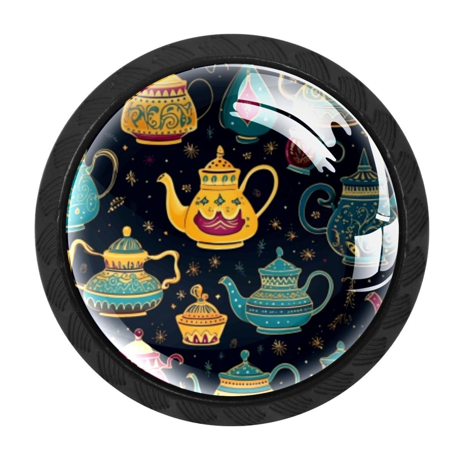 CHENZZZZ 4 Pieces Arabian Tea Kettle Drawer Knobs, 35mm Black Kitchen Cabinet Knobs, Drawer Pulls and Knobs, Glass Cabinet Hardware Single Hole Knob for Cabinets and Drawers Round