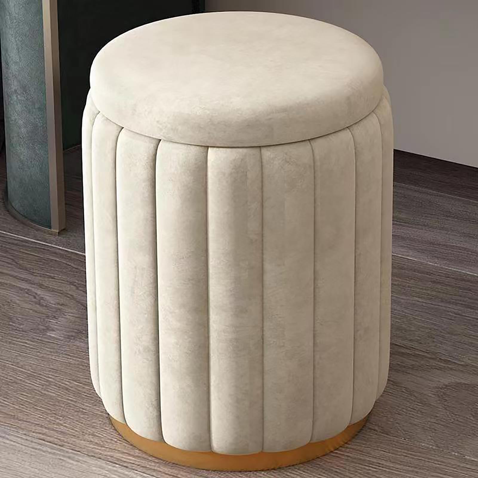 Pouf coffre de rangement rond en velours crème de 44 cm de hauteur