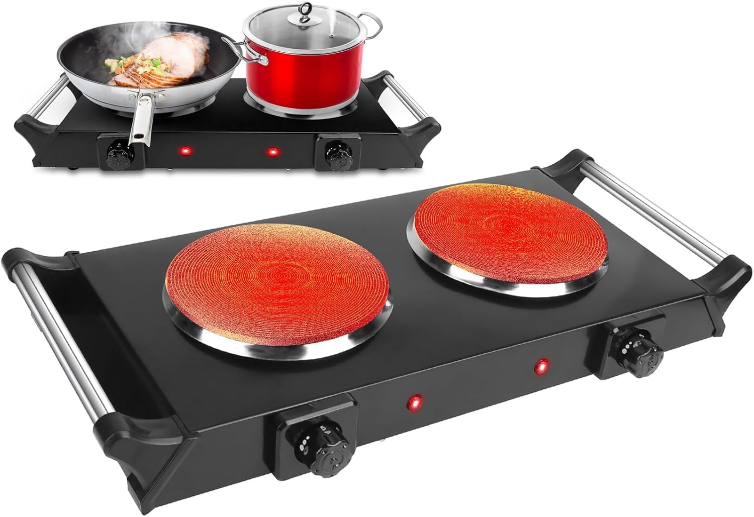 Hot Plate, 2000W Portable Electric Stove for Cooking with Stay Cool Handles & 5 Levels Adjustable Temperature, Countertop Double Coil Burner for RV Home Camp Compatible for All Cookwares,Black Double Hot Plate with Handles Black