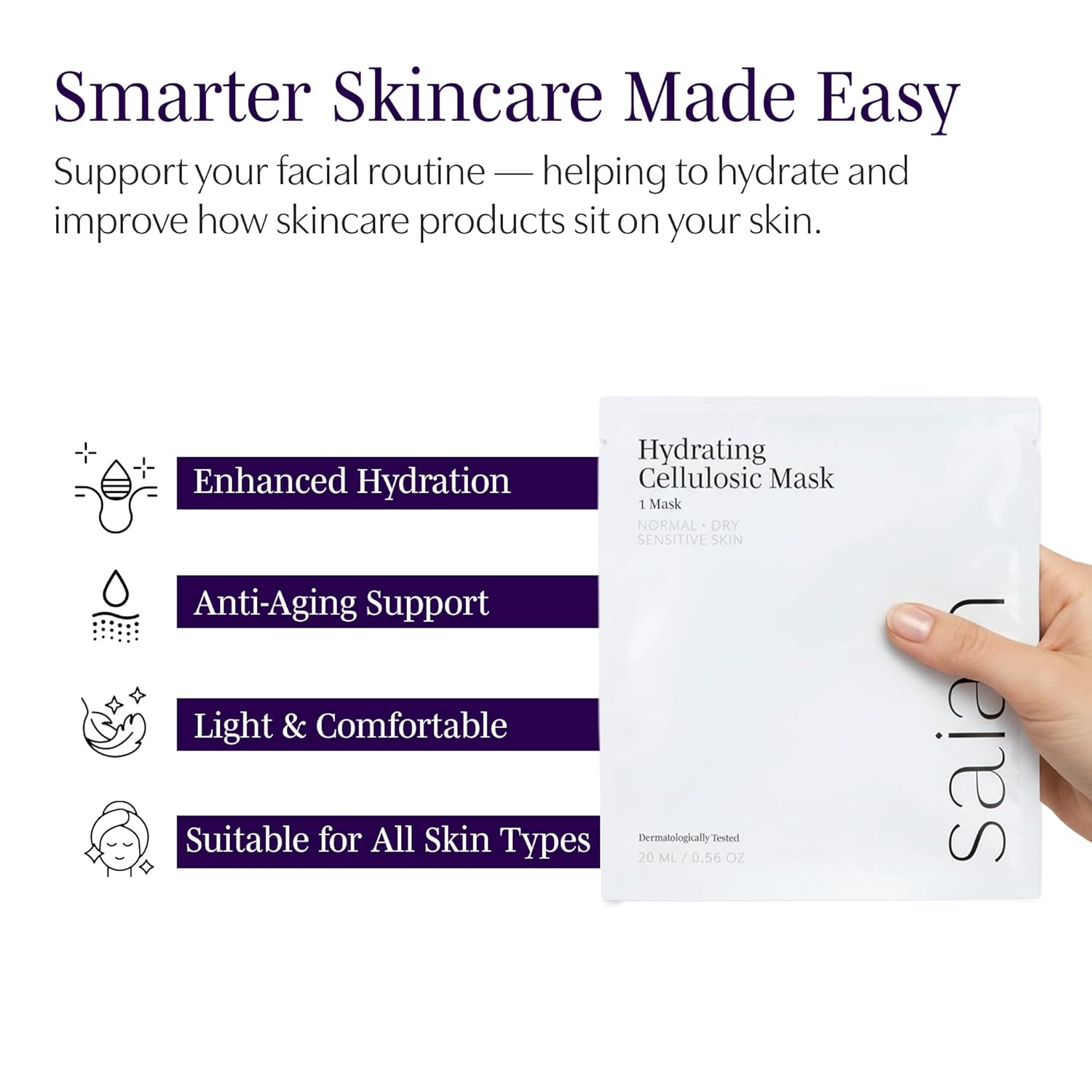 Saian Hydrating Cellulosic Sheet Masks 5-Pack – Hydrating Facial Skin Care for Women & Men | Deep Moisture Mask with Hyaluronic Acid, Argireline Peptide & Seaweed Extract | Spa-Quality Skincare Masks